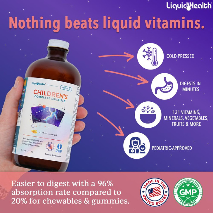 LIQUIDHEALTH Children's Complete Liquid Multivitamin for Kids, Toddlers - Essential Vitamins, Nutrients & Minerals, Immune Support, Gut Health - Made