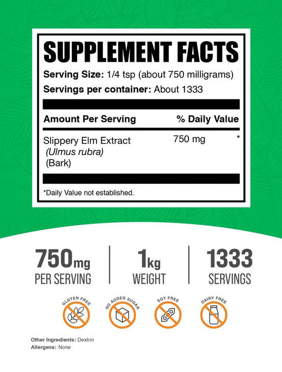 BulkSupplements.com Slippery Elm Bark Extract Powder - Slippery Elm Powder, Sourced from Ulmus Rubra Bark - Gluten Free, 750mg per Serving, 1kg (2.2