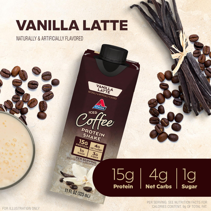 Atkins Iced Coffee Vanilla Latte Protein Shake, Coffee and Vanilla Flavored, 15g Protein, 4g Net Carbs, 1g Sugar, Low Carb, Keto Friendly, High Prote