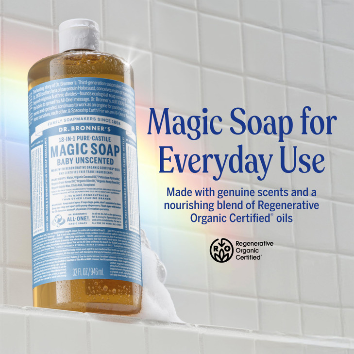 Dr. Bronner's Magic Soap-Pure-Castile Liquid Soap (Baby Unscented, 32 ounce, 2-Pack)-Regenerative Organic Certified Oils, 18-in-1 Uses: Body, Laundry
