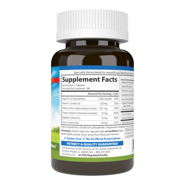 Carlson - Blood Nutrients, 28 mg Iron, Blood Development, Iron Absorption & Optimal Wellness, 180 Capsules