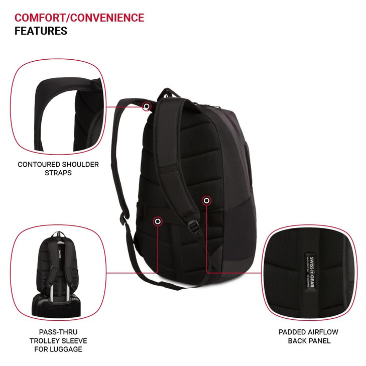 SwissGear MetroEdge Laptop Backpack, Laptop Bag Fits Most 16-Inch Laptops, Commuter Friendly Trolley Sleeve, Ideal for Work, Travel or School - Black