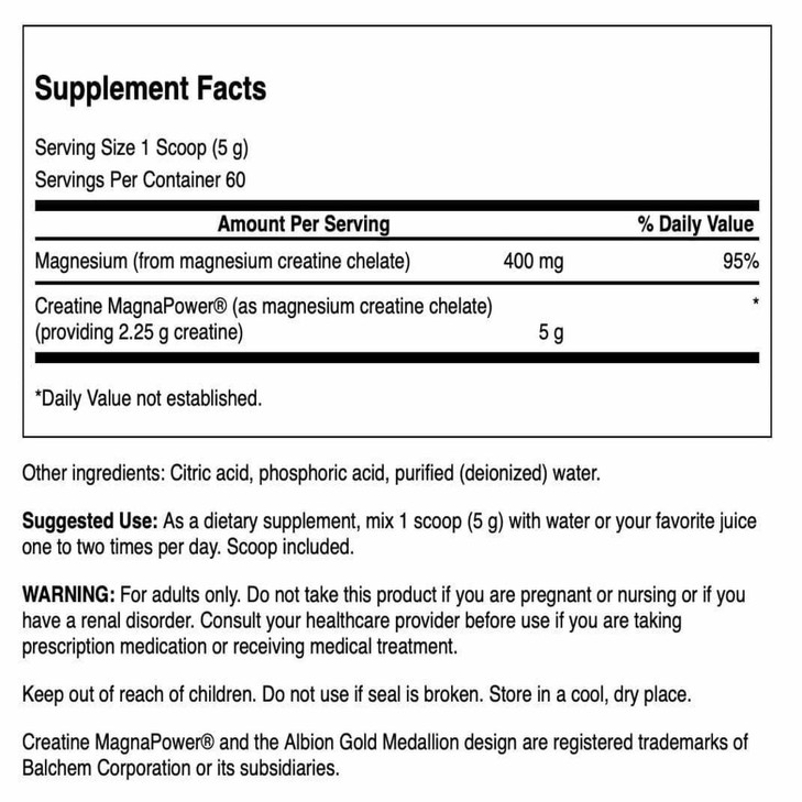 Swanson 100% Pure Creatine MagnaPower - Magnesium Creatine Chelate - 300 Grams (10.6 oz) Pwdr - 60 Servings