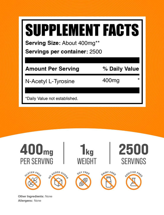 BulkSupplements.com N-Acetyl L-Tyrosine Powder -Tyrosine Supplement, NALT Powder, Amino Acid Supplement - Unflavored & Gluten Free, 400mg per Serving