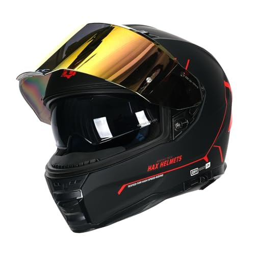 HAX Force Aerodynamic Full Face Helmet for Street & E-Bikes DOT & ECE Certified - Enhanced Dual Visor, Adult Size, Pinlock Ready Matte Black Red L