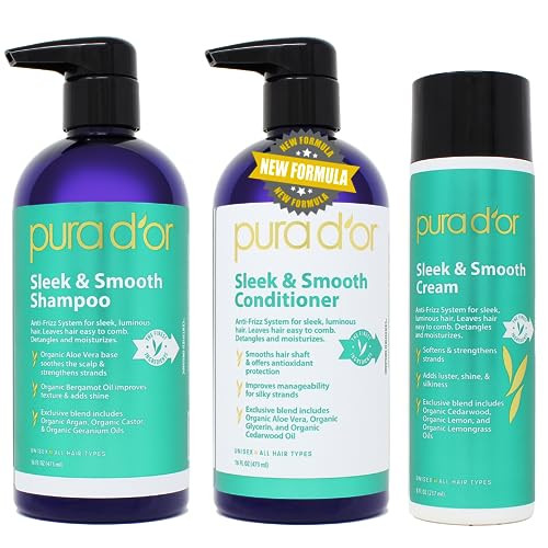 PURA D'OR 3-Piece Complete Set (Shampoo, Conditioner, Cream) For Sleek & Smooth, Frizz-Free, Silky Hair - Infused with Organic Aloe Vera, Argan, Cast