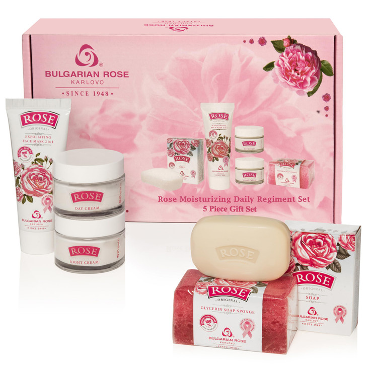 Bulgarian Rose Moisturizing Daily Regimen 5 Piece Gift Set - Day Cream, Night Cream, Exfoliating Face Mask, Bar Soap, Soapsponge