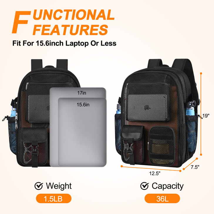 Mesh Backpack for School, 36L Heavy Duty Mesh Backpacks for Adults with Inner Laptop Compartment, Black Mesh Schoolbag for Outdoor Hiking Beach