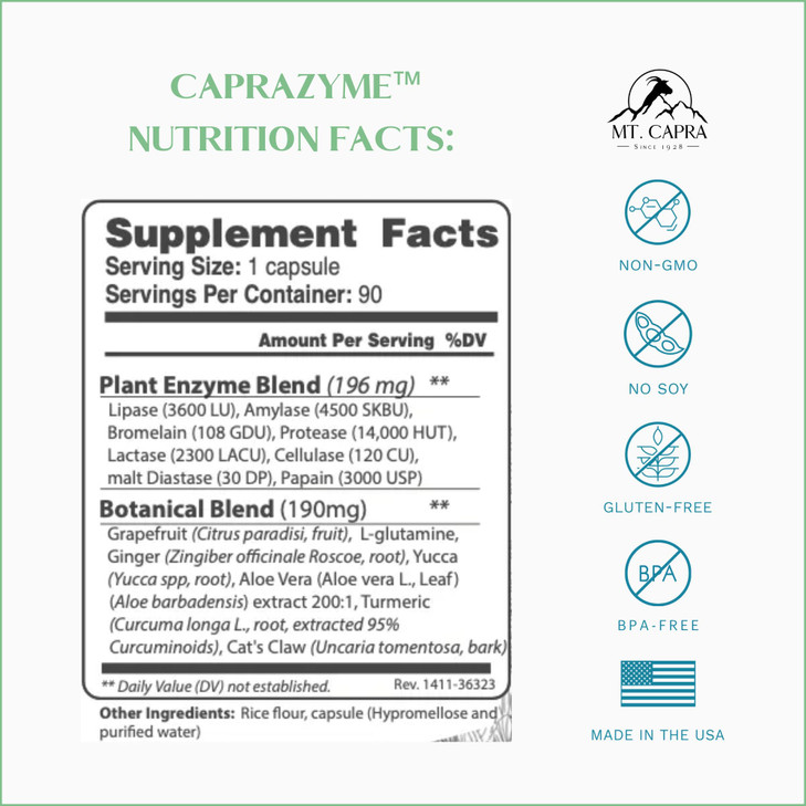 CapraZyme by Mt. Capra | Vegetarian Digestive Enzyme Supplement for Men and Women, Amylase, Lipase, Bromelain, Protease, with Botanical Blend Grapefr