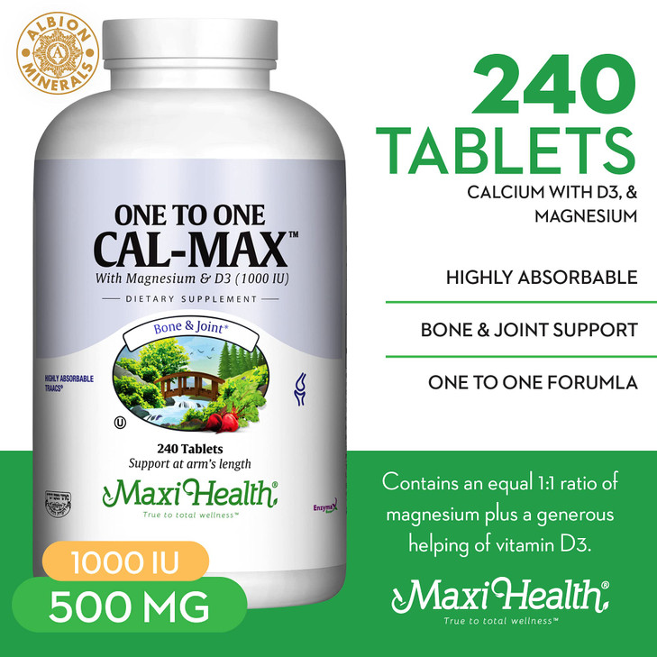 Maxi Health 500 mg Calcium Supplement with Vitamin D3 (1000 IU) and Magnesium (500 mg) - Bone, Teeth and Joint Support for Men and Women - 240 Tablet