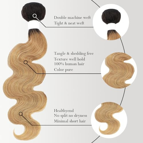 X-TRESS 1B27 Honey Blonde Bundles Human Hair,Ombre Bundles Blonde Body Wave Bundles,16Inch Brazilian Remy Hair Bundle,Ombre1b/27 Hair Weave 100% Huma