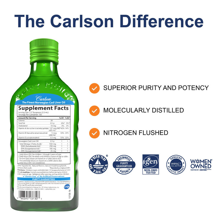 Carlson - Kid's Cod Liver Oil, 550 mg Omega-3s, Plus Vitamins A and D3, Wild Caught Norwegian Arctic Cod, Sustainably Sourced Nordic Liquid Fish Oil,
