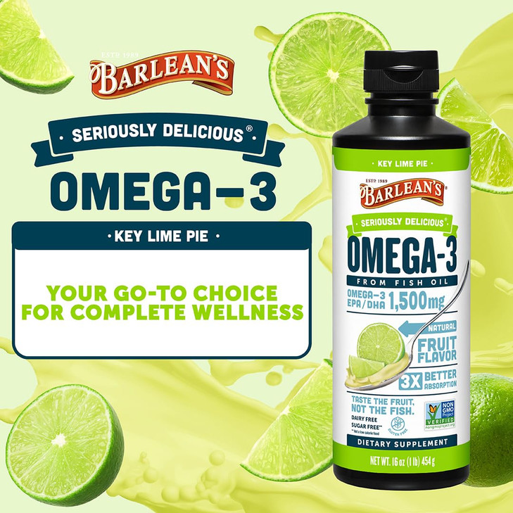 Barlean's Omega 3 Fish Oil Liquid Supplement for Men and Women, 1500mg of EPA and DHA Fatty Acid, Promotes Brain & Heart Health - Non-GMO, Key Lime P