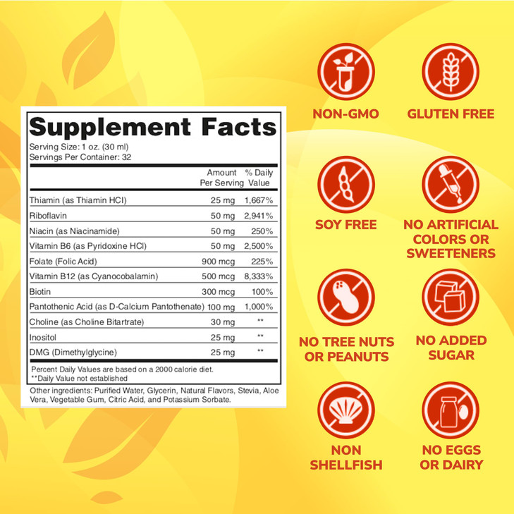 Super B Complex Liquid Vitamin Supplement | 500mg B12 and 50mg B6 | 32oz. | Liquid B-Complex Vitamins Boost Energy, Aid Stress Response | Effective N