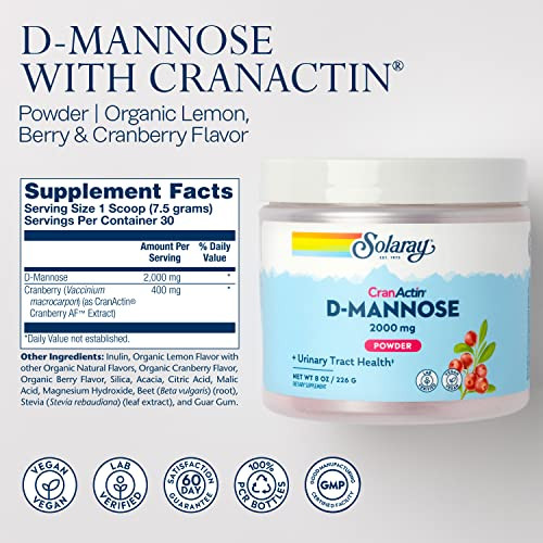 SOLARAY D-Mannose with CranActin Cranberry AF Extract Powder, 2000 mg, 400 mg of Cranberry Extract, Healthy Urinary Tract Support, Organic Natural Fl
