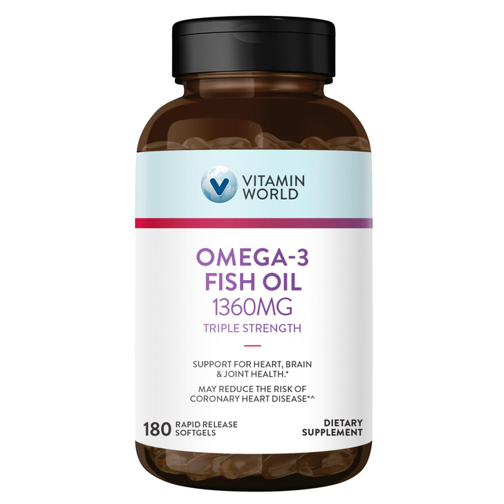 Vitamin World Triple Strength Omega 3 Fish Oil 1360 mg Supplement, 950 mg Active Omega-3 Fatty Acids with EPA & DHA, Supports Heart, Brain & Joint He