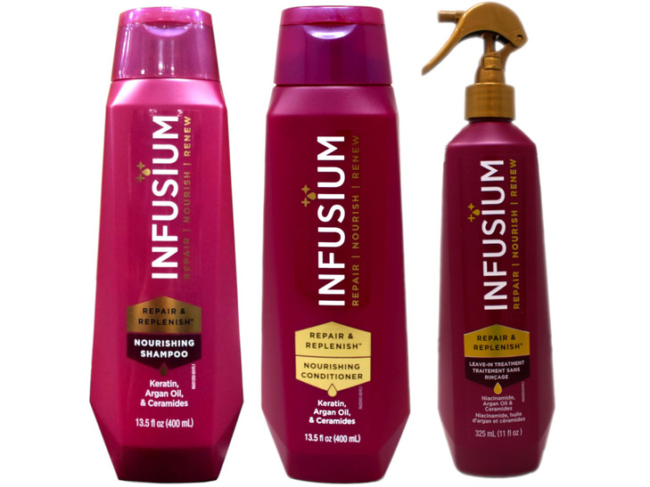 Infusium Professional Shampoo 13.5 oz, Conditioner 13.5 oz, and Leave-In Treatment 11 oz Set - Repair & Replenish - 3 Bottles