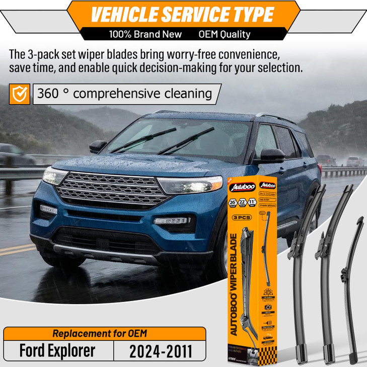 3 Wiper Blades Replacement for Ford Explorer 2011-2018 2019 2020 2021 2022 2023 2024,Original Equipment Replacement Front and Rear Windshield Wiper B