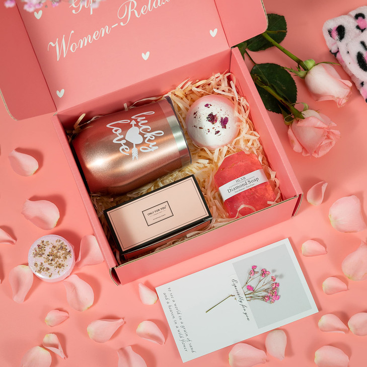 Valentine Gifts For Women Best Friend, Pink Relaxing Spa Gift Box Basket For Her, Unique Gifts for Women Mom Sisters Wife Girlfriend Who Have Everyth