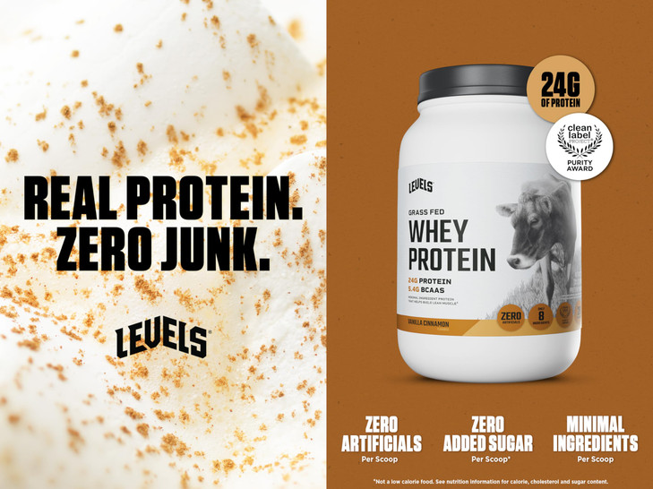 Levels Grass Fed Whey Protein Powder, No Artificials, 24G of Protein, Vanilla Cinnamon, 2LB