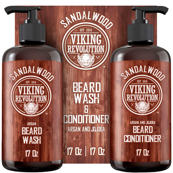 Viking Revolution Beard Wash & Beard Conditioner Set with Argan & Jojoba Oils - Softens and Strengthens - Natural Sandalwood Scent - Beard Shampoo wi