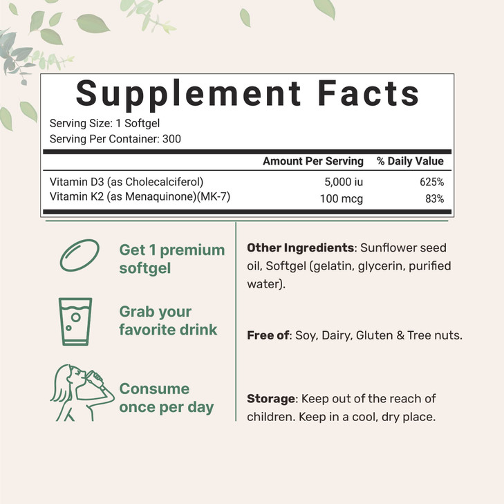 Micro Ingredients Vitamin D3 5,000 IU + K2 MK-7 100 mcg, 2 Pack (600 Softgels) | Liquid-Filled with Sunflower Oil | 2-in-1 Vitamins D & K Complex | E