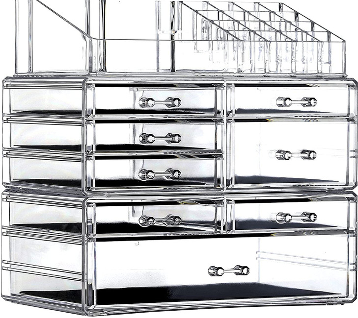 Cq acrylic 3 Pack Clear Make Up Organizer Countertop,Stackable 8 Drawers Makeup Storage,Cute Vanity Organizers for Dresser Hair Clip,Jewelry,Beauty P