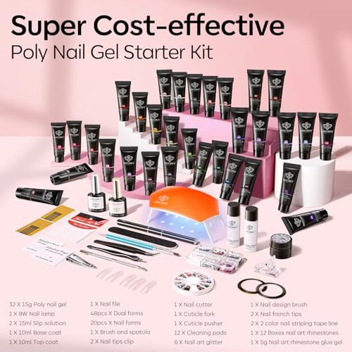 Modelones 133pcs Poly Extension Gel Nail Kit, 32 Colors All Seasons Poly Gel kit with Nail Forms Lamp Slip Solution Builder Thickening Manicure Tools