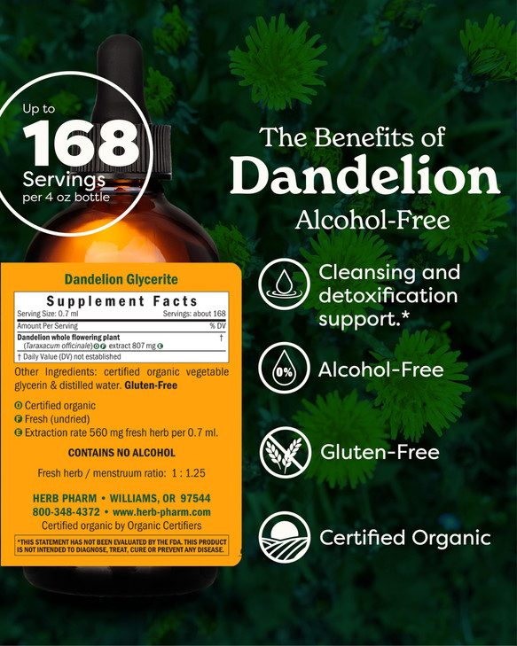 Herb Pharm Certified Organic Dandelion Liquid Extract for Cleansing and Detoxification, Alcohol-Free Glycerite, 4 Ounce