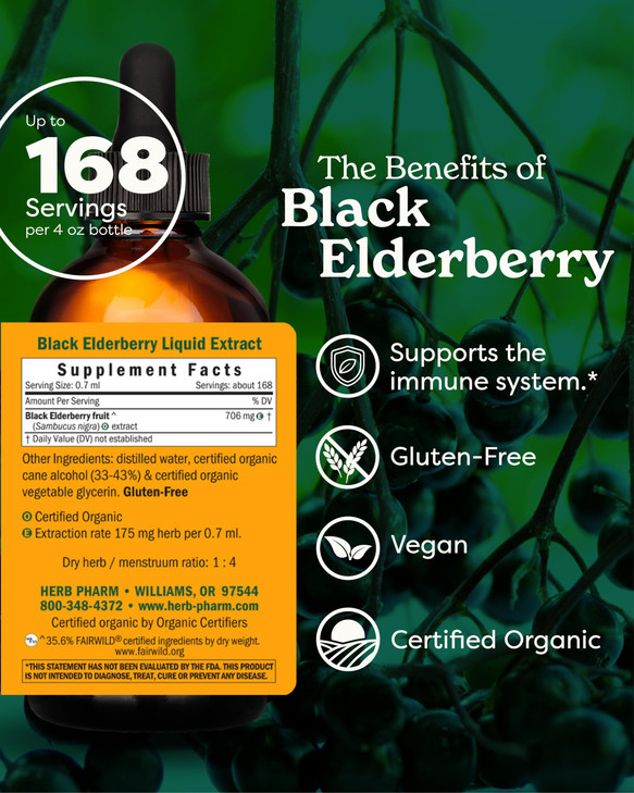 Herb Pharm Certified Organic Black Elderberry Liquid Extract for Immune System Support, Organic Cane Alcohol, 4 Ounce