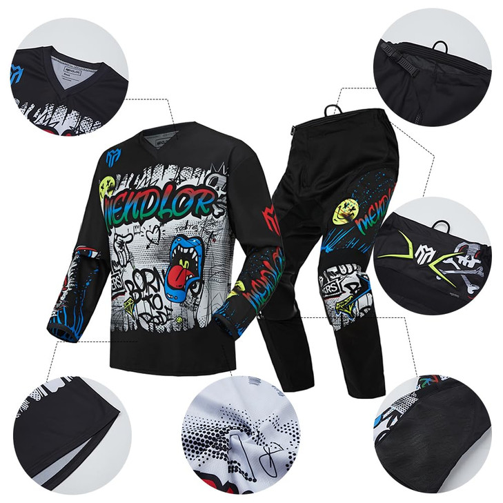 MENDLOR Motocross Jersey Pant Combo Mx Gear Set Mens Women Dirt Bike Enduro Offroad Riding Ride Racewear Racing Adult (Black White, Jersey XXL Pants