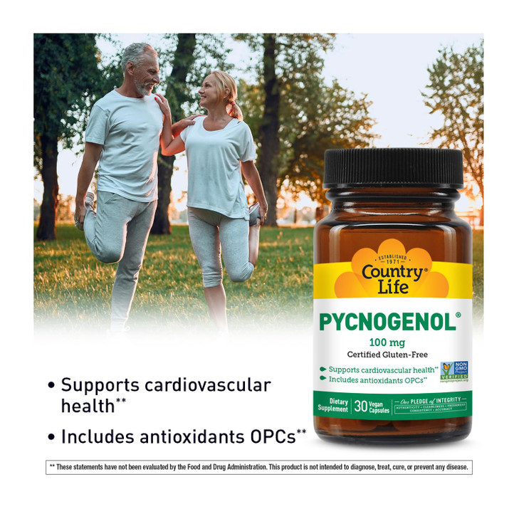 Country Life Pycnogenol 100mg - French Maritime Pine Bark Extract Antioxidants Supplement - Supports Cardiovascular Health - No Yeast, Corn, Wheat, S