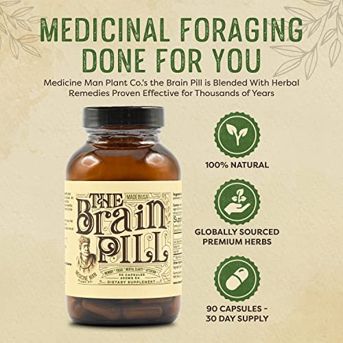 The Brain Pill 90 Capsules  Organic Brain Booster Supplement - Memory Pills for Brain w/ Ginkgo Biloba Capsules, Lions Mane & Sage - Brain Booster