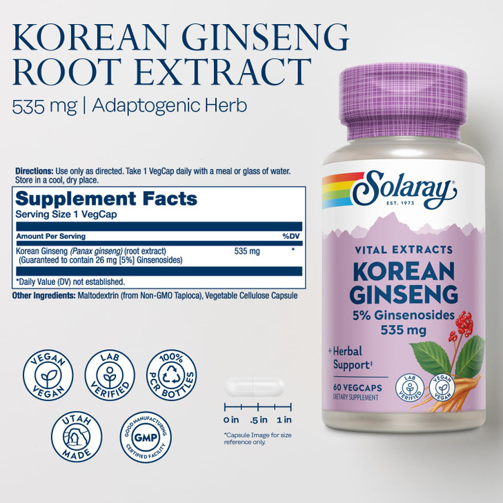 SOLARAY Korean Ginseng Root Extract - Herbal Support for Occasional Stress, Energy, and Physical Endurance - 5% Ginsenosides - Vegan, Lab Verified -