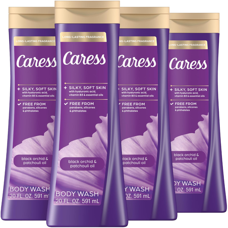 Caress Body Wash Black Orchid & Patchouli Oil To Relax and Recharge Relaxing, Fragrant Body Soap 20 fl oz, Pack of 4