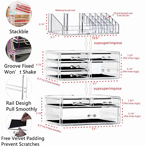 Cq acrylic 3 Pack Clear Makeup Organizer Countertop,Stackable 7 Drawers Skincare Organizer,Cute Skin Care Organizer for Vanity Hair Clip,Jewelry,Beau