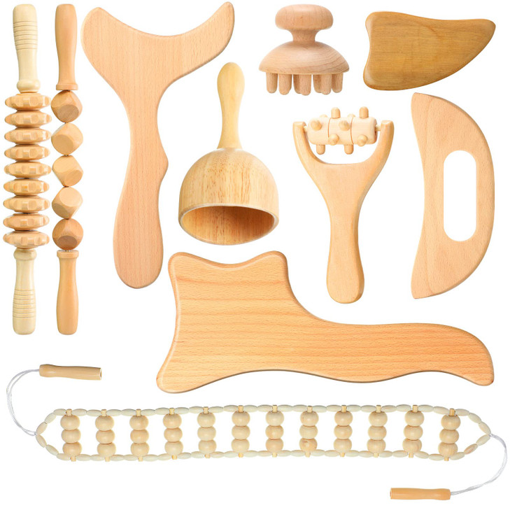 Chumia 10 Pieces Wood Massage Tools Wooden Maderoterapia Kit Therapy Tools Massage Roller Lymphatic Drainage Health Care for Neck Leg Back Arm Body M