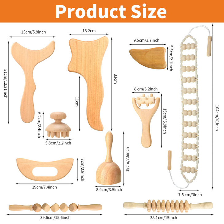 Chumia 10 Pieces Wood Massage Tools Wooden Maderoterapia Kit Therapy Tools Massage Roller Lymphatic Drainage Health Care for Neck Leg Back Arm Body M