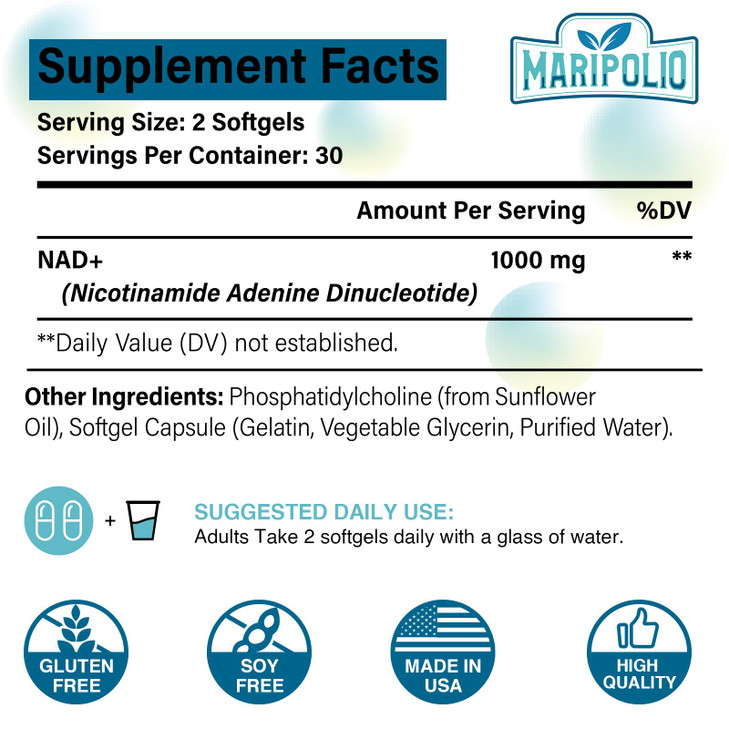 Maripolio Liposomal NAD+ 1000 mg Supplement | High Bioavailability Liposomal Delivery | Cellular Energy & Wellness Support | Pure NAD+ Dietary Supple