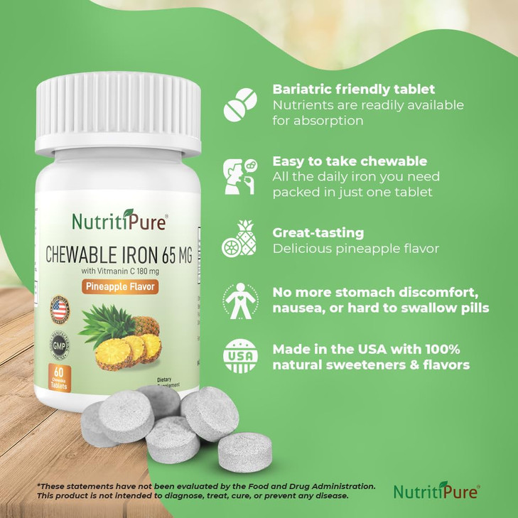 Chewable Iron 65 mg with Vitamin C 180 mg - Tablet in Pineapple Flavor 60 Count (2)