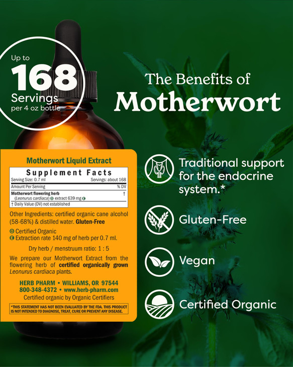 Herb Pharm Certified Organic Motherwort Liquid Extract for Endocrine System Support - 4 Ounce