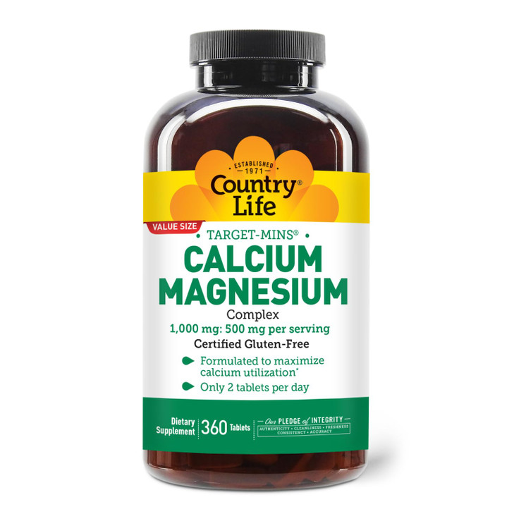 Country Life Target-Mins Calcium Magnesium Supplement for Bone Health, 1000mg Calcium, 500mg Magnesium, Gluten Free, 2:1 Ratio for Optimal Utilizatio