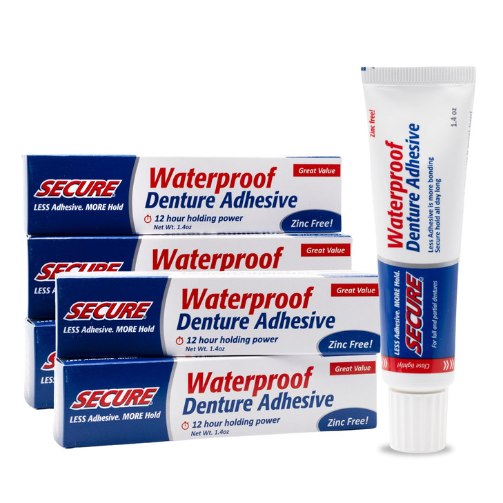 Secure Denture Adhesive Cream for Uppers, Lowers & Partials  Waterproof Seal & Zinc Free  Food Grade Ingredients - Less Adhesive, More Hold - Tube