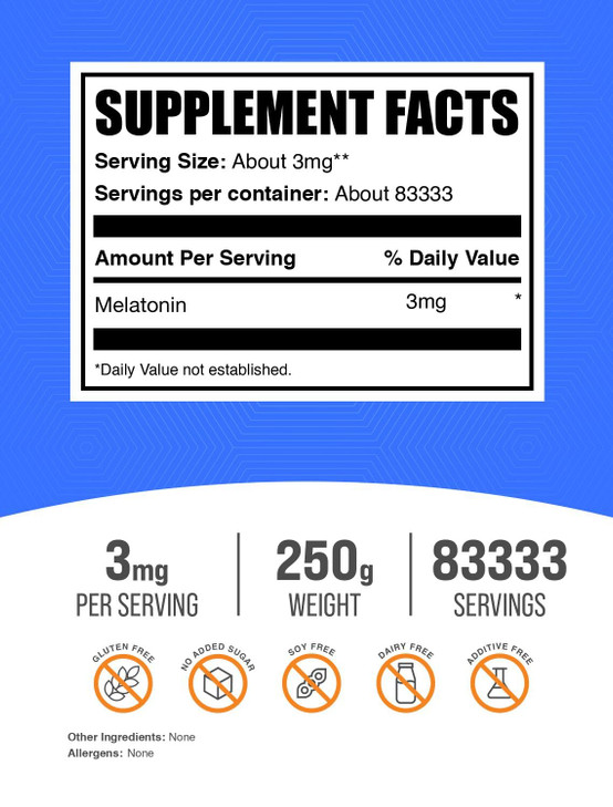 BulkSupplements.com Melatonin Powder - Pure Melatonin, Sleep Aid for Adults - Vegan & Gluten Free, 3mg per Serving, 250g (8.8 oz) (Pack of 1)