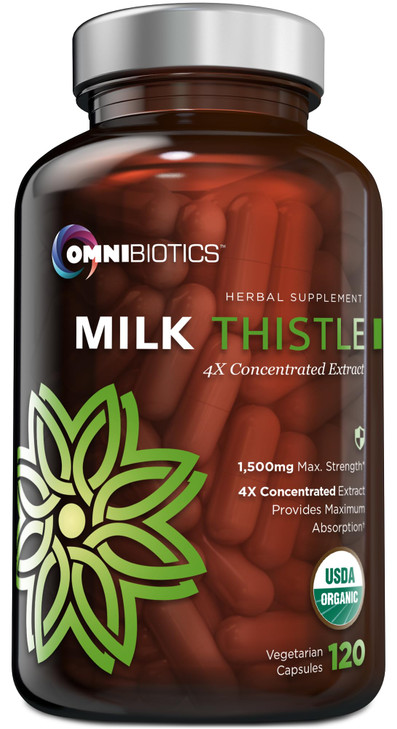 OmniBiotics Organic Milk Thistle Supplement 1500mg  4X Concentrated Extract with Silymarin  High Potency Liver Detox & Support  120 Vegan Capsules
