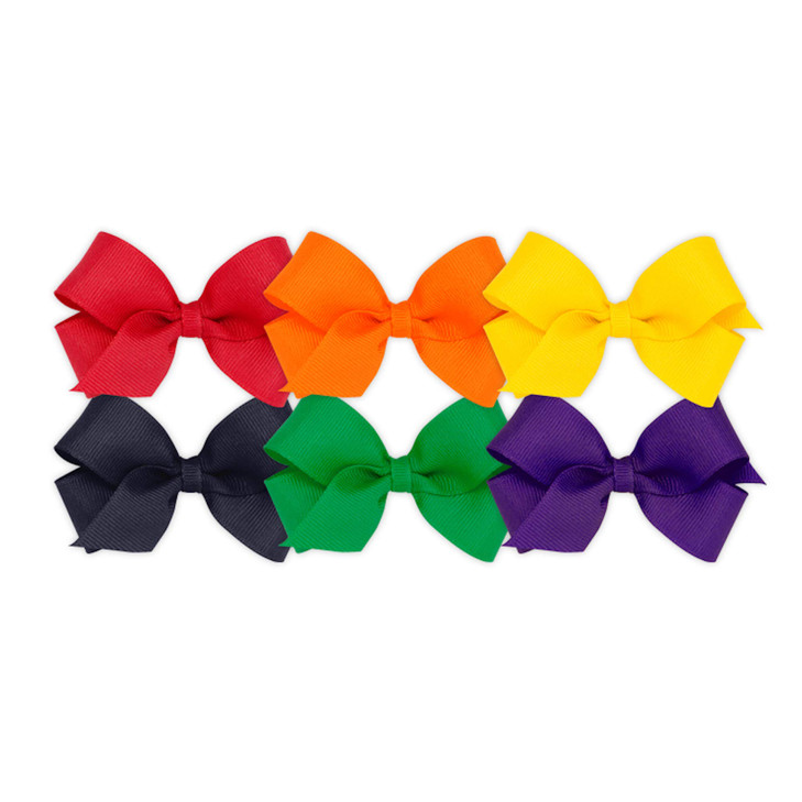 Wee Ones Girls' 6 Piece Set of Bows, Solid Grosgrain Variety Pack on a WeeStay No-Slip Hair Clip, Mini, Red, Orange, Yellow, Navy, Green, Purple