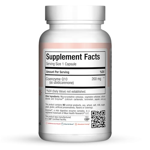 Maxi Health COQ10 200mg Capsules  200mg Coenzyme Q10 for Heart & Energy Support  Kosher Certified CO Q 10 Supplement  Non-GMO and Gluten-Free Hear