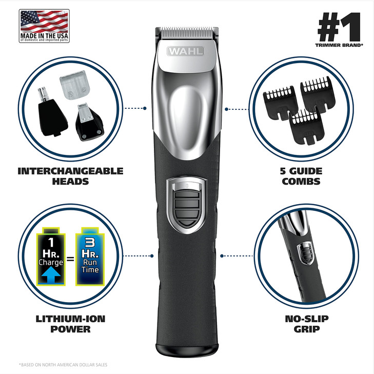 Wahl USA Rechargeable Lithium Ion All in One Beard Trimmer for Men with Detail and Ear & Nose Hair Trimmer Attachment  Model 9854-600B