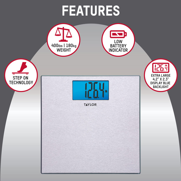 Taylor Digital Scales for Body Weight, 400 LB Capacity, Unique Blue LCD, Auto on and Off Scale, 11.8 x 11.8Inches, Stainless Steel