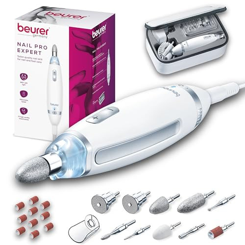 Beurer MP62 Professional Nail Drill Kit, Portable Electric File Machine with 10 Attachments & 10 Sanding Bands, Efile Dremel for Acrylic Gel Manicure